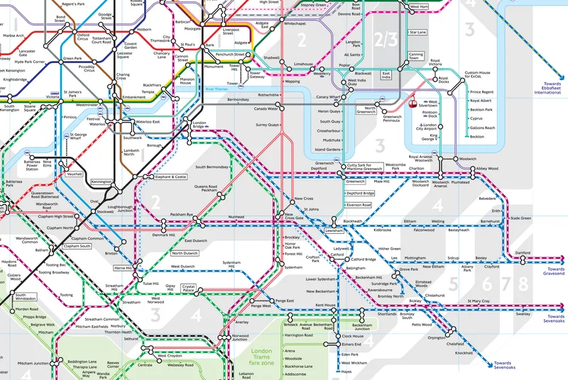 2025 TfL Tube and Rail servies extract, colours by train operating company.