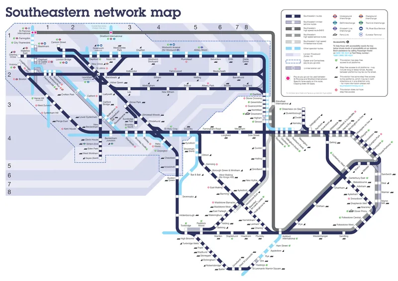 2025 Southeastern Network services map, single line and colour for majority of network.